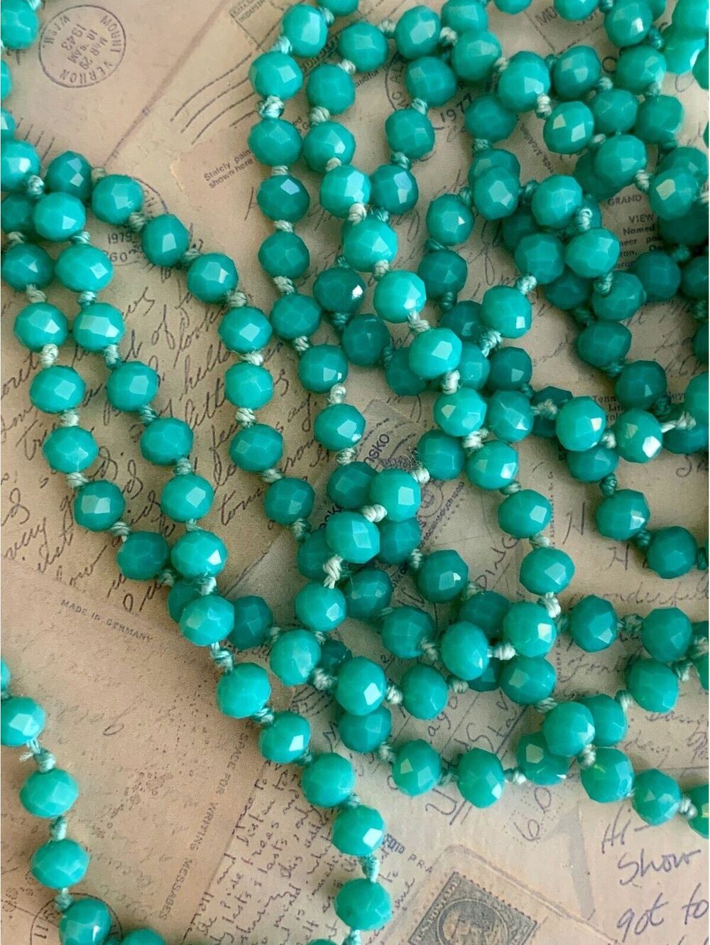 Vintage Turquoise-Hue Faceted Art Glass Knotted Necklace